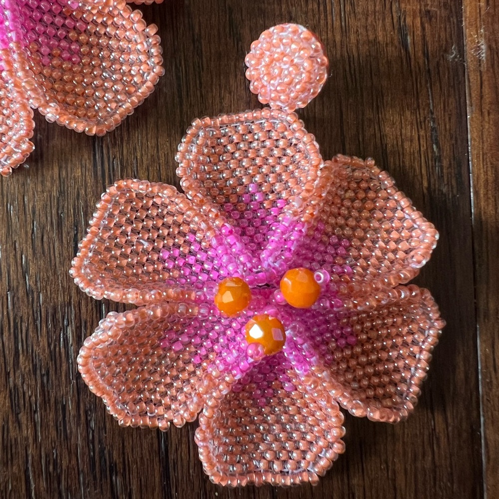 Noonday New Bloom Beaded Floral Earrings in Pink and Orange - Picture 4 of 9